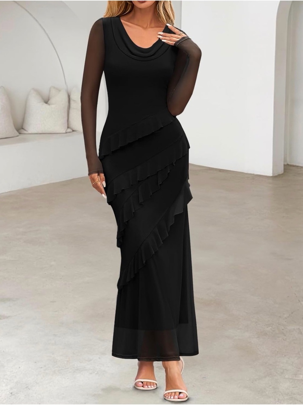 NWT Black Ruffle-Tier Maxi Dress with Sheer Long Sleeves, Small
